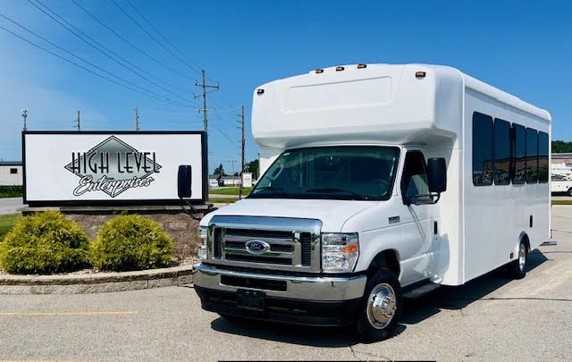 HLE shuttle bus parked at the High Level Enterprises factory in Wakarusa, Indiana