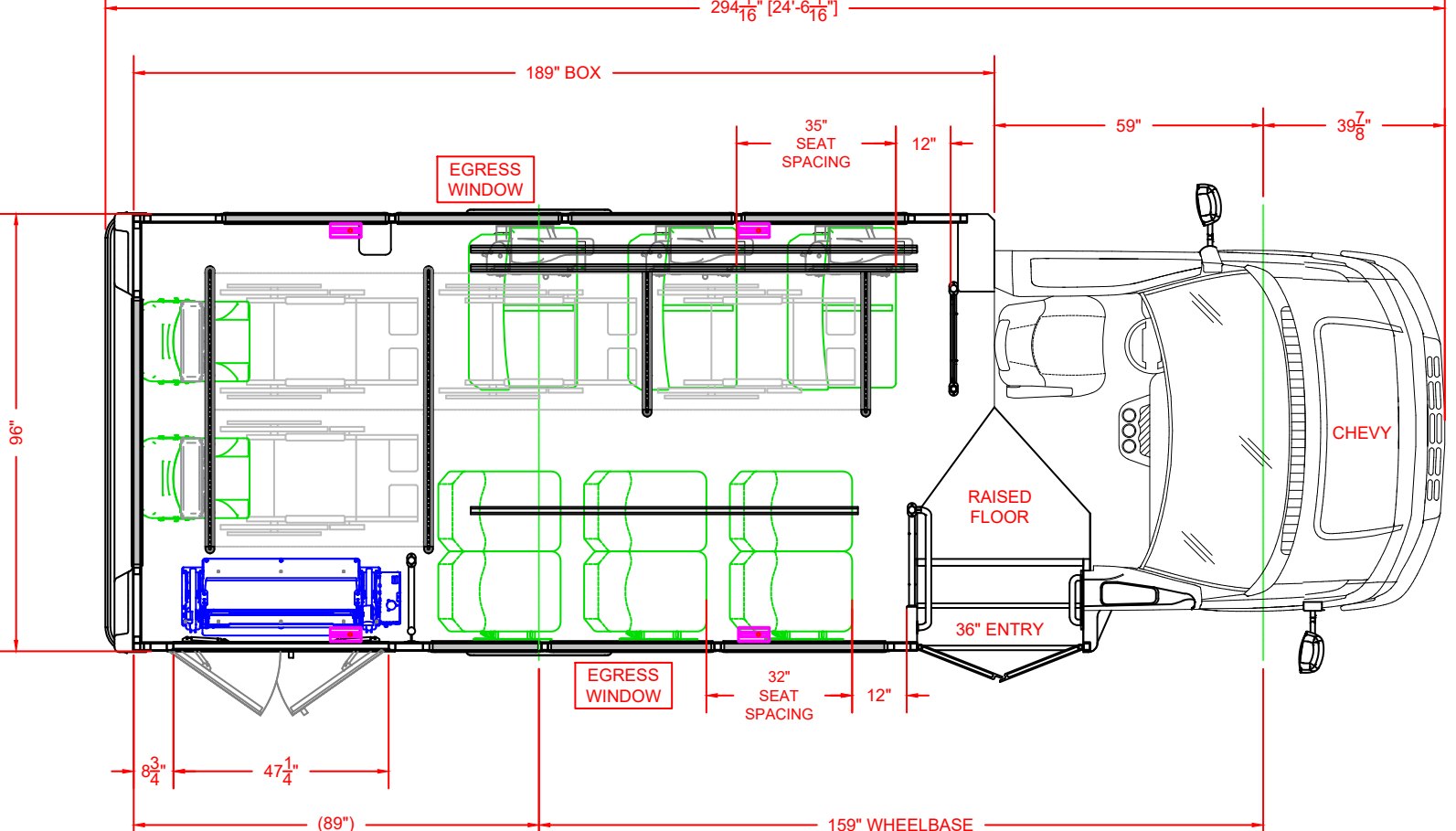 Floor plan for 2026 HLE MAVRYK on a 2024 Chevrolet 4500, 14 Passengers, up to 4 Wheelchairs + Driver