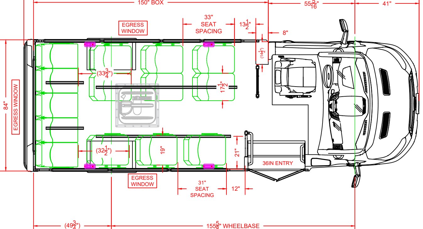 Floor plan for 2026 HLE COACH on a 2024 Ford Transit, 14 Passengers + Driver