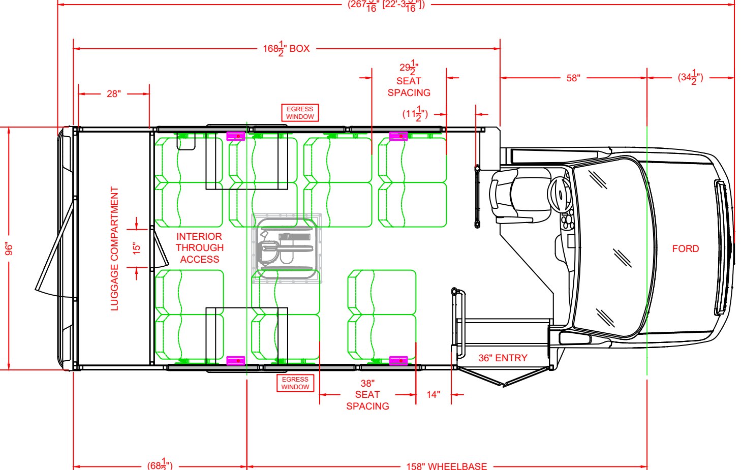 Floor plan for 2026 HLE MAVRYK on a 2025 Ford E450, 14 Passengers + Driver