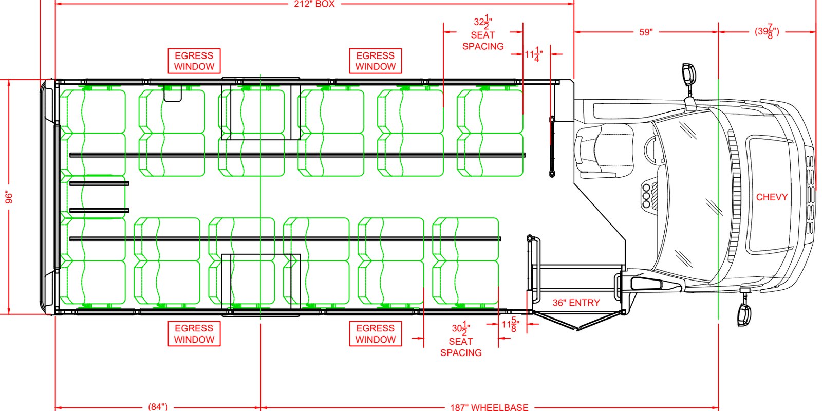 Floor plan for 2026 HLE MAVRYK on a 2024 Chevrolet 4500, 25 Passengers + Driver