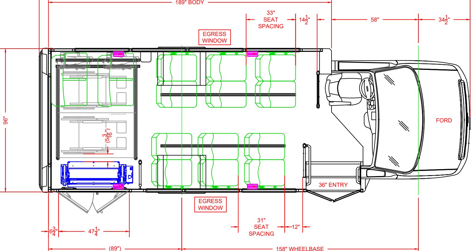 Floor plan for 2026 HLE MAVRYK on a 2025 Ford E450, 16 Passengers, up to 2 Wheelchairs + Driver