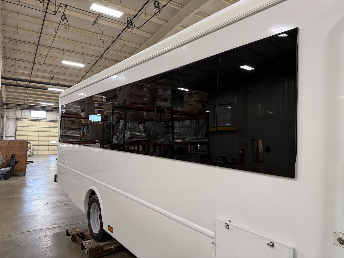 Extended-length HLE bus body in production at the Wakarusa plant
