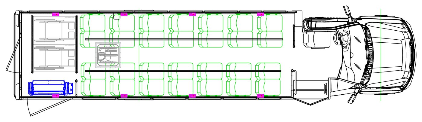 Example floor plan: Kavlyr 28-passenger with 2 wheelchair positions on the Ford F-550