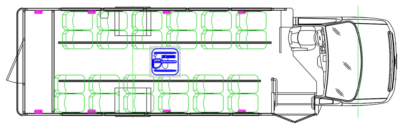 Example floor plan: Mavryk 24-passenger shuttle with rear luggage on the Ford E-450