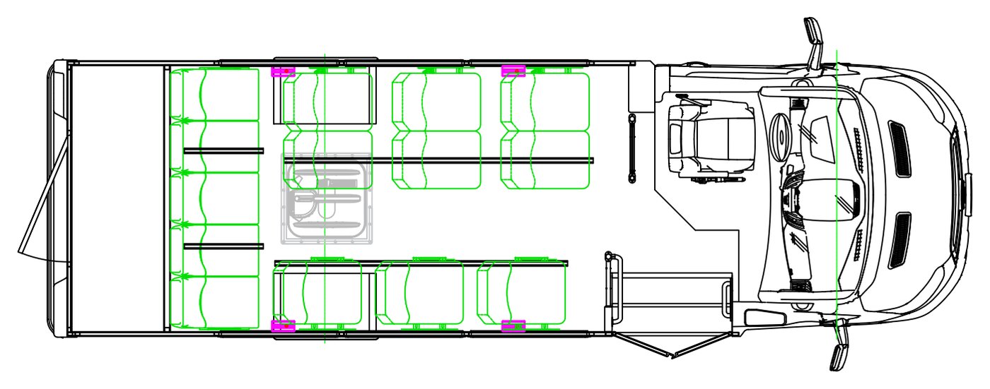 Example floor plan: Strykr 14-passenger Ford Transit shuttle with rear luggage