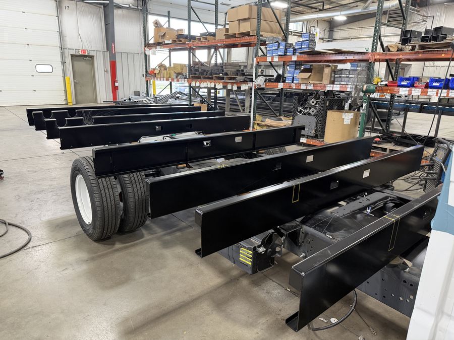 Bare truck chassis prepared for a custom body at the HLE plant