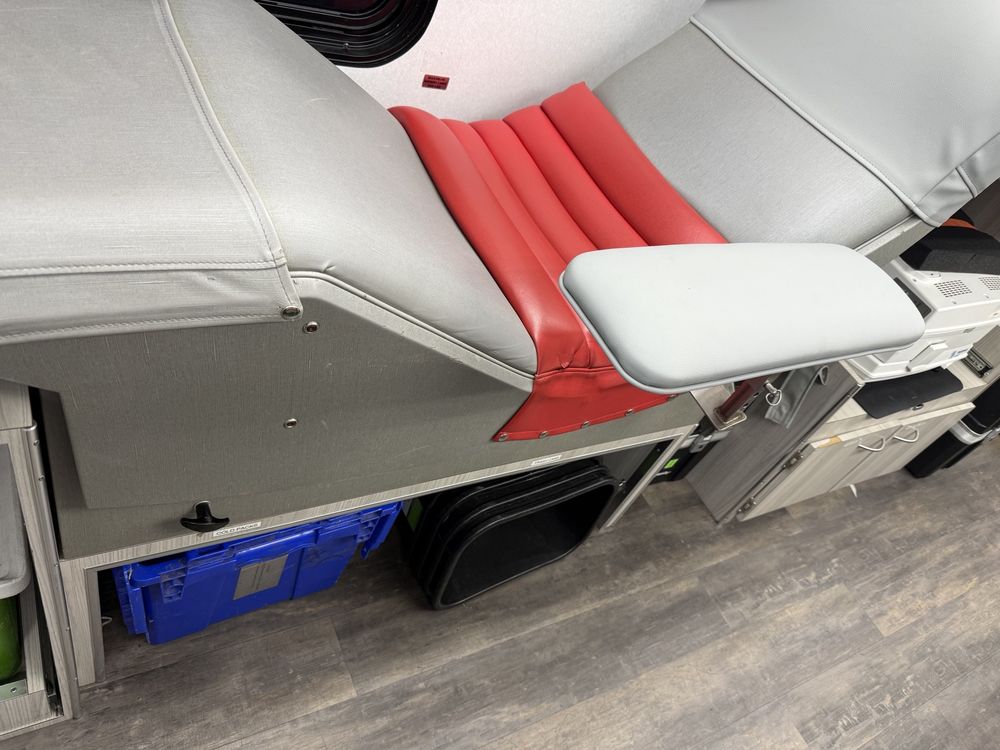 Donor chair and work area inside a bloodmobile build
