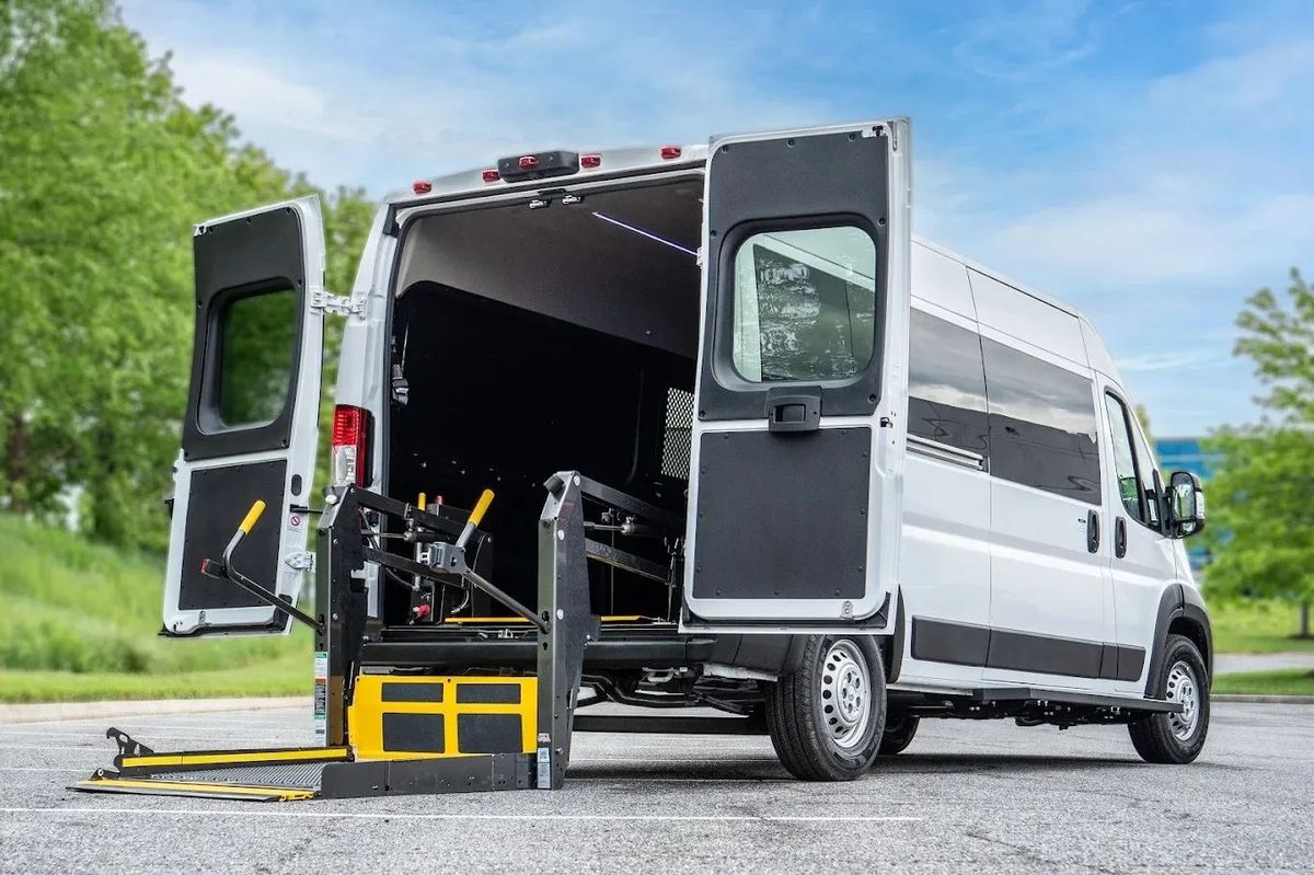 FR Conversions RAM ProMaster ProMax mobility van with rear wheelchair lift deployed